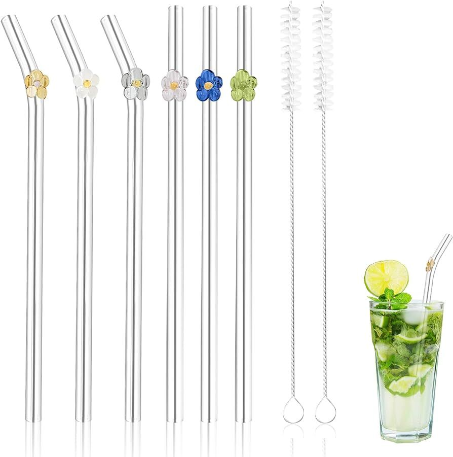 Reusable Straws Clear Glass Straws Shatter Resistant, Cute Flower Glass Straws Set of 3 Straight ... | Amazon (US)