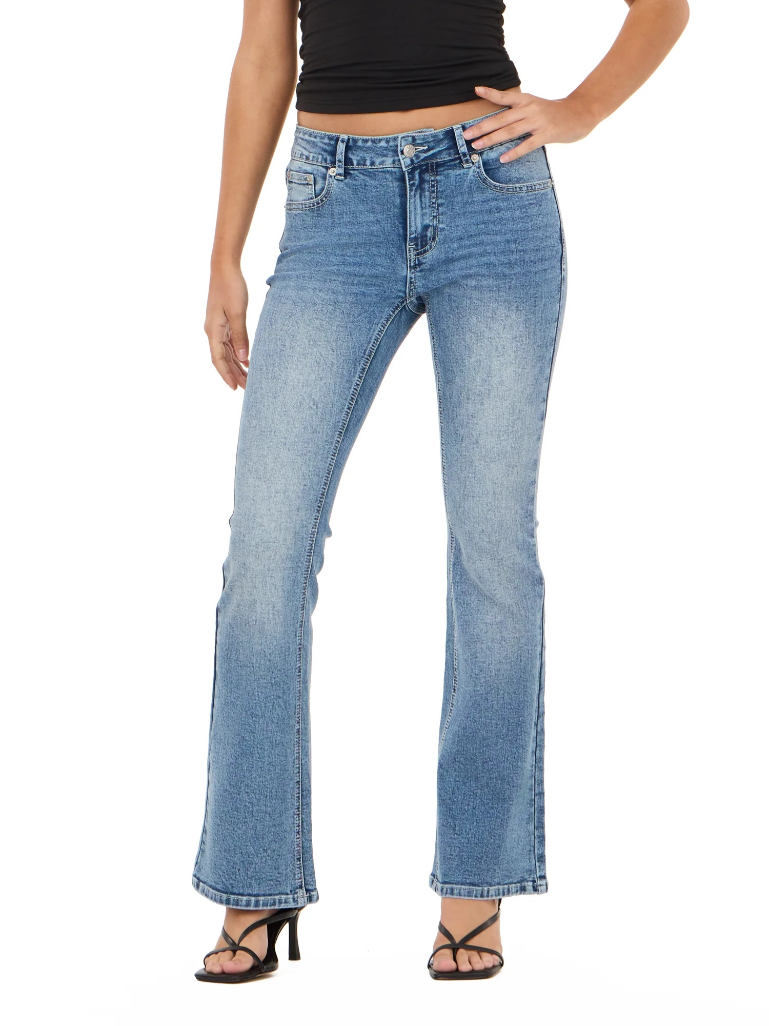 Forever 21 Women's Mid Rise Bootcut Denim Pants with Rhinestone and Embroidered Back Pockets, Fitted Stretch Jeans, Vintage Wash Casual Style, Blue, 00-4X | Walmart (US)