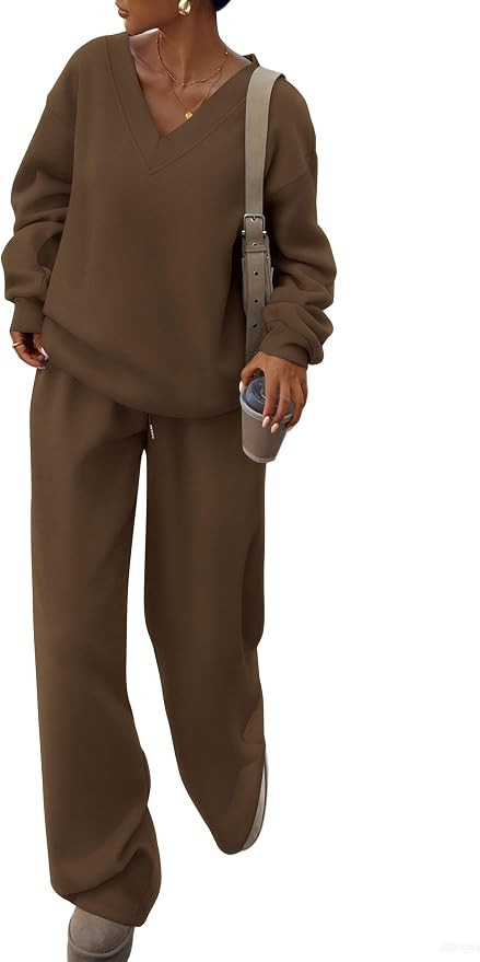 PRETTYGARDEN Womens 2 Piece Outfits Fall Sweatsuits | Drop Shoulder,Vneck Oversized Sweatshirts,D... | Amazon (US)