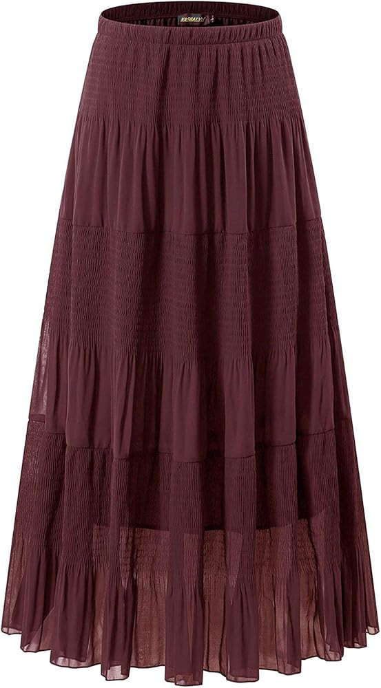 NASHALYLY Women's Chiffon Elastic High Waist Pleated A-Line Flared Maxi Skirts | Amazon (US)