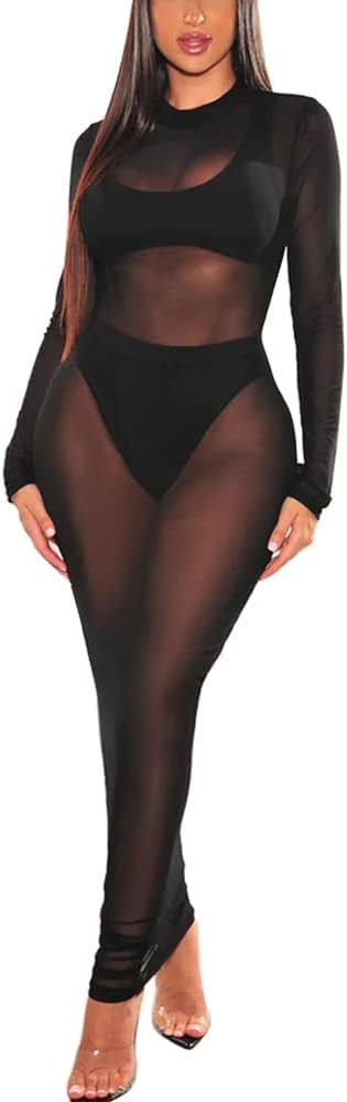 Azhong Women’s Sexy See Through Long Sleeve Mock Neck Sheer Mesh Bodycon Cocktail Club Party Co... | Amazon (US)