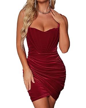 XinFSh Women's V Neck Sleeveless Velvet Strap Bodycon Ruched Club Party Dress | Amazon (US)