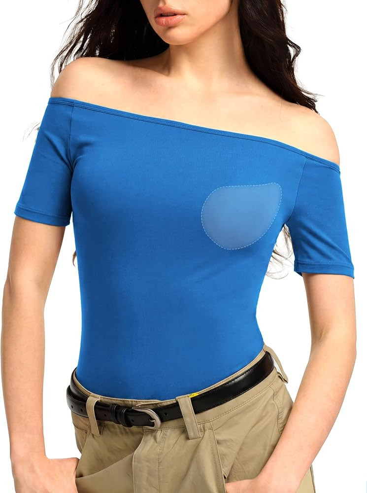 3 Ways-wear Built-in Bra Short Sleeve Shirts Boat Neck/Off Shoulder/One Shoulder Top Seamless Str... | Amazon (US)
