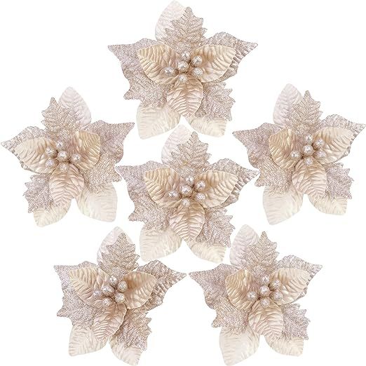 Sea Team 6-Pack Artificial Glitter Poinsettia Christmas Flower Ornaments Tree Decorations, 10-inc... | Amazon (US)