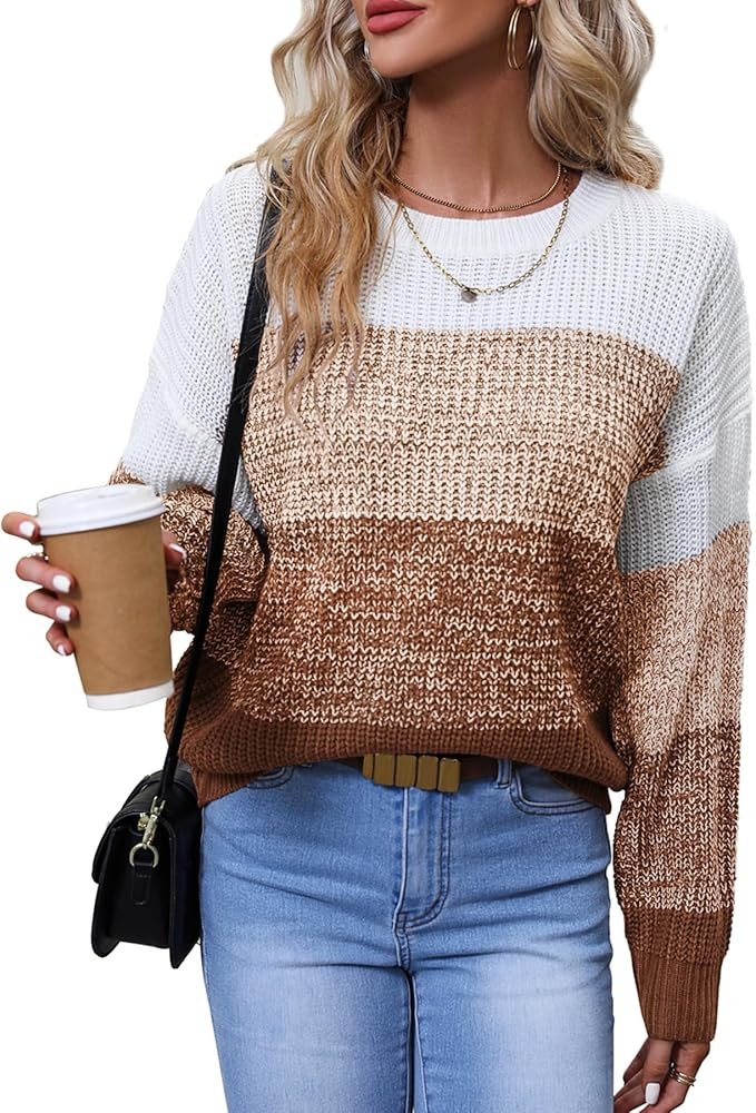 Women's Striped Color Block Sweater Long Sleeve Crewneck Casual Loose Fit Soft Knit Sweater Pullo... | Amazon (US)
