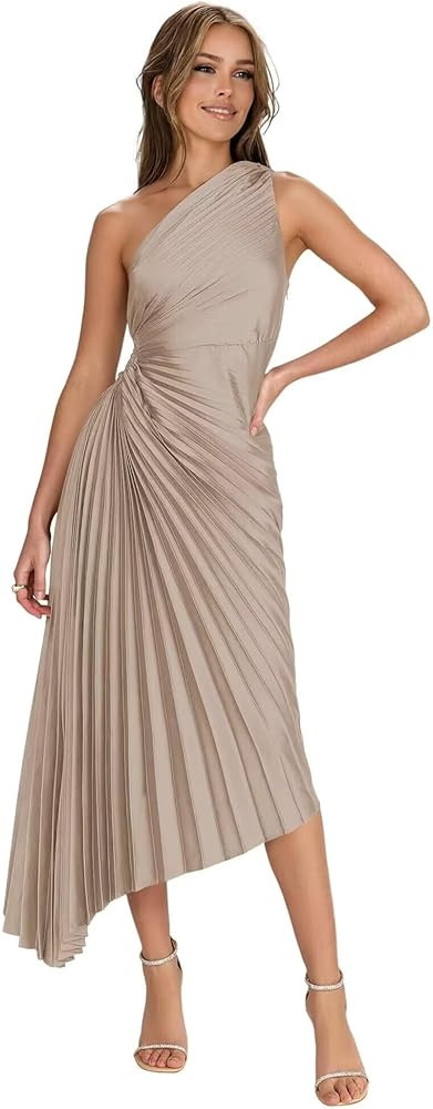 One Shoulder Satin Bridesmaid Dresses for Wedding Pleated Long Formal Prom Dress | Amazon (US)