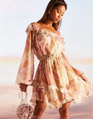 ASOS DESIGN fallen shoulder tiered flippy mini skater dress with lace insert in soft floral print... | ASOS (Global)