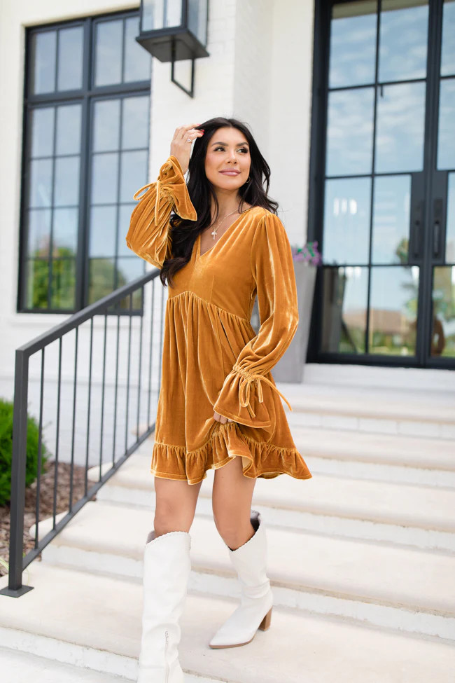 Spend Your Day Gold Babydoll Style Velvet Dress | Pink Lily