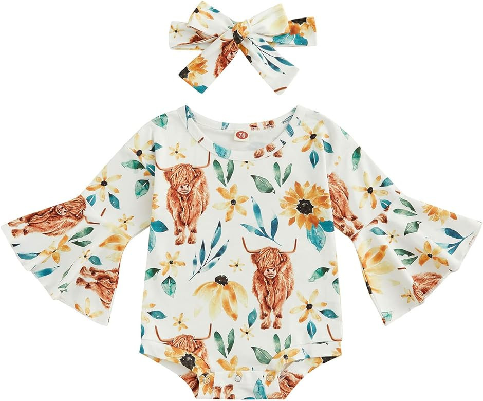 Lamuusaa Newborn Baby Girl Romper Flare Long Sleeve Cow Print Bodysuit One Piece Jumpsuit Headban... | Amazon (US)