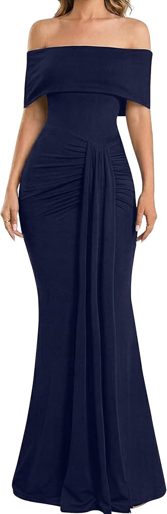 YMDUCH Women's Elegant Off Shoulder Sleeveless Ruched Bodycon Long Formal Evening Weeding Dress | Amazon (US)