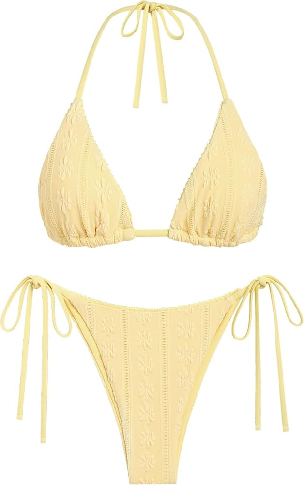 Conjunto de bikini con cuello Halter, corte triangular, con lazada lateral y ribete de contraste ... | Amazon (US)