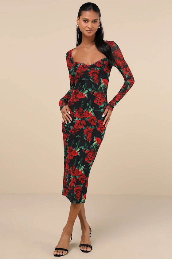 Sultry Marvel Black Floral Mesh Midi Dress | Lulus