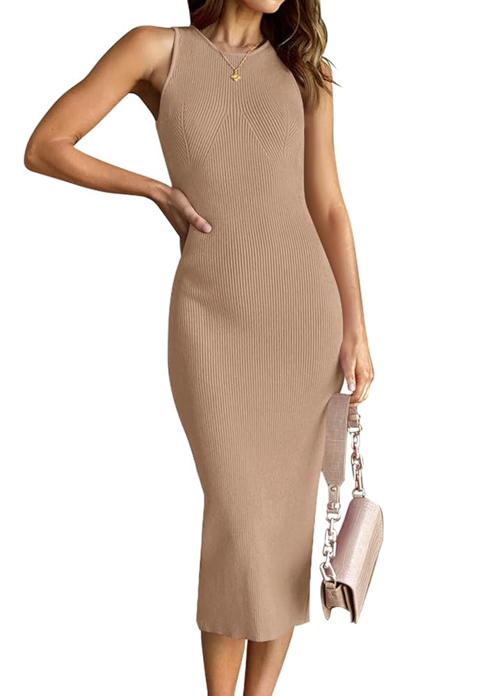 HAEOF Women's 2025 Summer Bodycon Midi Dress Casual Sleeveless Ribbed Sweater Back Slit Fashion D... | Amazon (US)