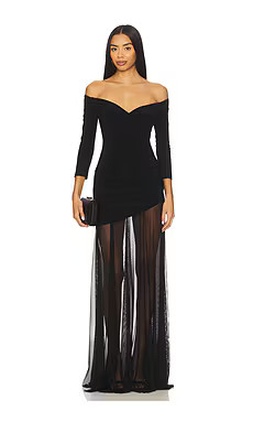 Norma Kamali Off Shoulder Sweetheart Combo Flared Gown in Black & Black Mesh from Revolve.com | Revolve Clothing (Global)