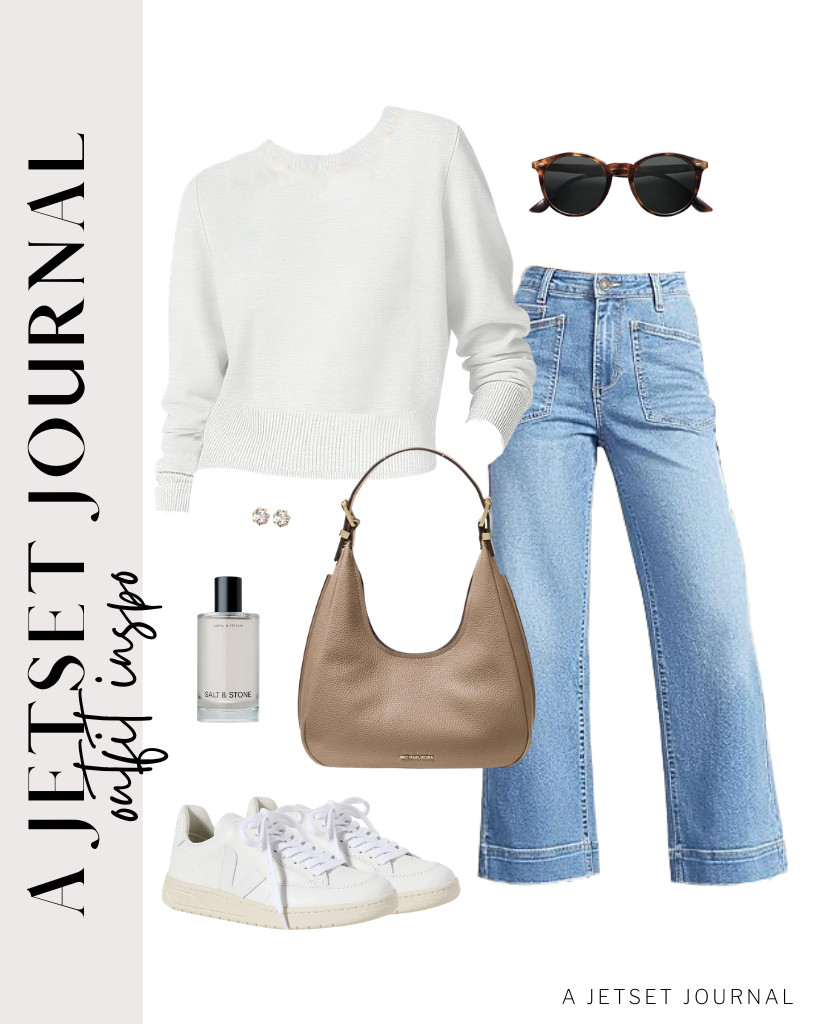 This white cropped crew-neck sweater from ANRABESS goes perfectly with wide-leg jeans. White Veja sneakers match this fit together with a Michael Kors shoulder bag and trendy sunnies.

#LTKSeasonal #LTKSaleAlert #LTKTravel
 

 