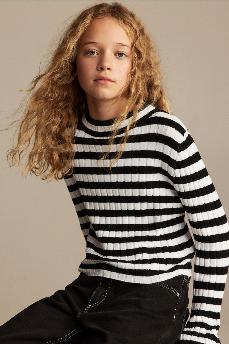 Rib-knit Mock Turtleneck Sweater - Black/striped - Kids | H&M US | H&M (US + CA)