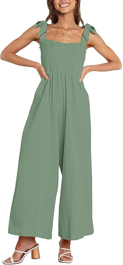 VamJump Women's Square Neck Sleeveless Romper Smocked Top Tie Shoulder Wide Leg Pants Jumpsuits w... | Amazon (US)