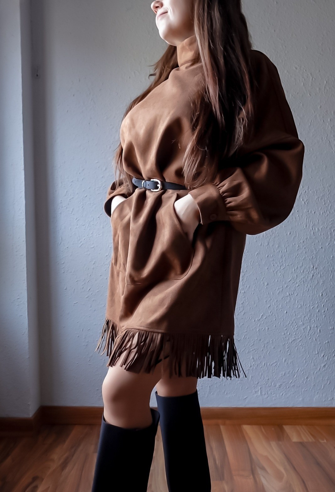 Styled my new oversize balloon sleeve suede tassel brown mini dress as a 4'11 woman with belt and knee high.

#LTKgrwm #LTKPetite #LTKMidsize