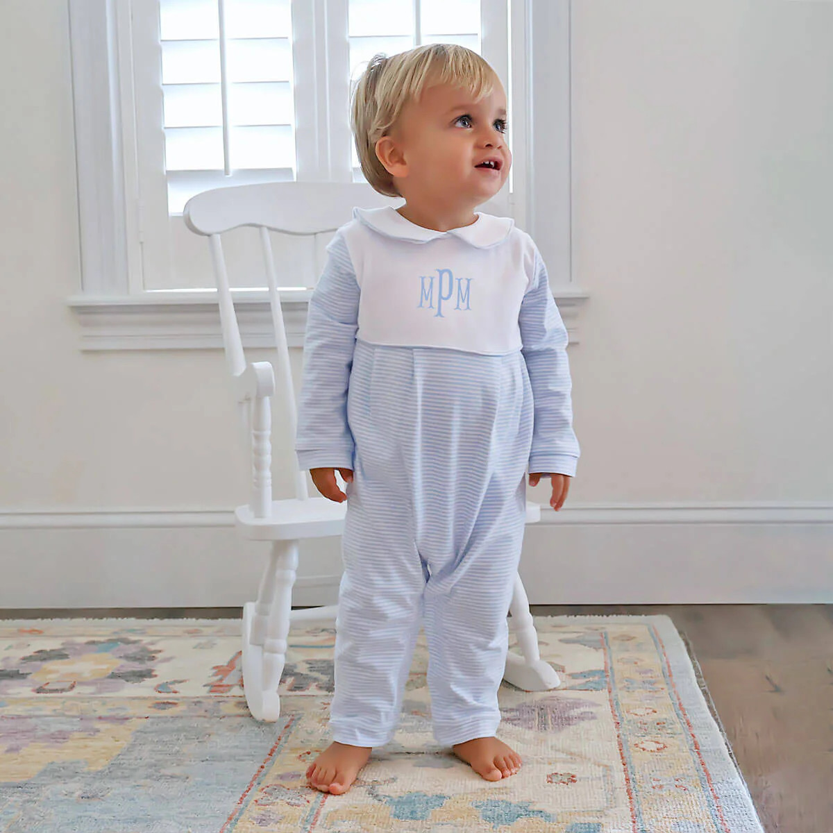 Light Blue and White Stripe Romper | Classic Whimsy