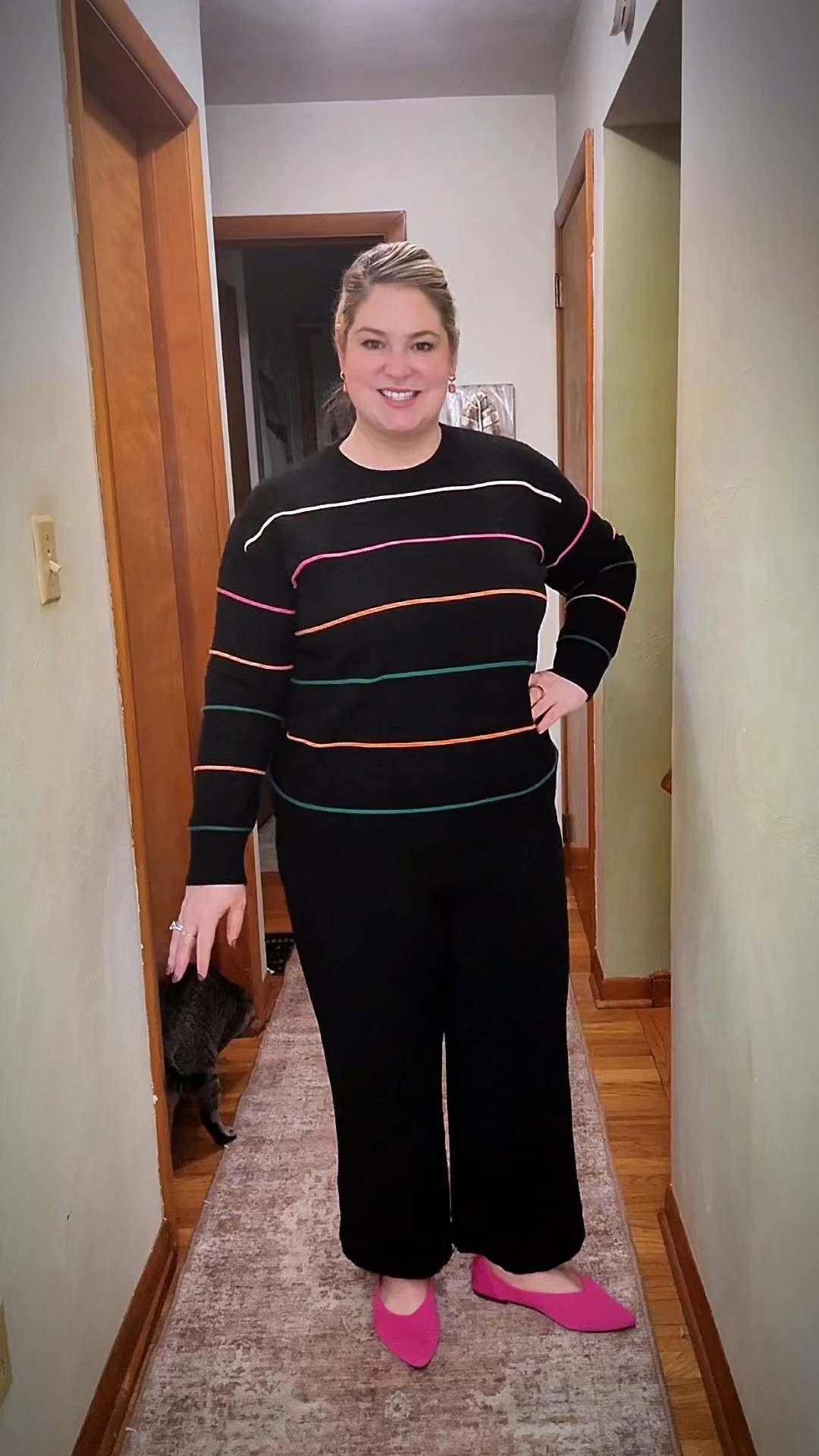 Rainbow stripes sweater, pink point toe flats for a comfy cute office #OOTD Light glowy makeup that made it through 12 hours. 

#LTKBeauty #LTKWorkwear