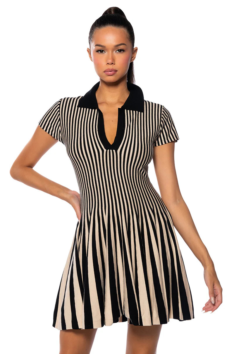 ALINA PLEATED KNIT FIT AND FLARE MINI DRESS IN BLACK MULTI | AKIRA