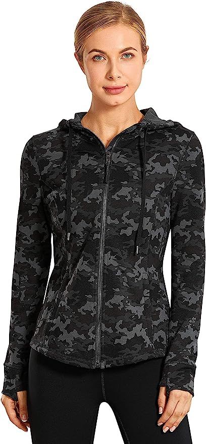 CRZ YOGA Women's Cotton Hoodies Full Zip Running Track Jacket Sweatshirt with Thumbholes | Amazon (US)