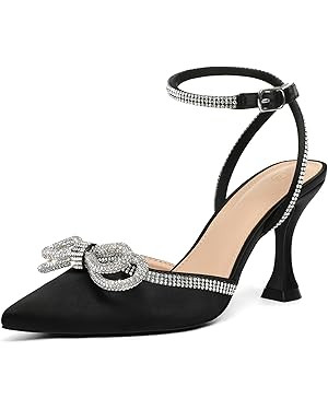 mysoft Women's Rhinestone Bow Pumps Wedding Dress Shoes Pointed Toe Ankle Strap Kitten Heels | Amazon (US)