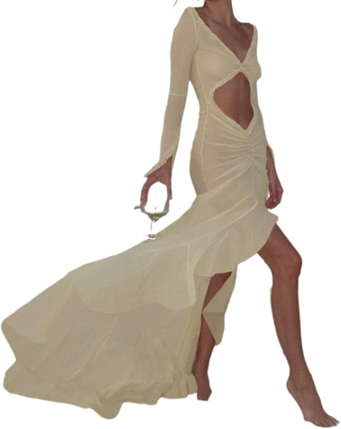 Pdxnyxx Bodycon Maxi Dress Bow Scrunch Butt Ruffle Mesh Dresses Beach Summer Bell Sleeve Y2k Cock... | Amazon (US)