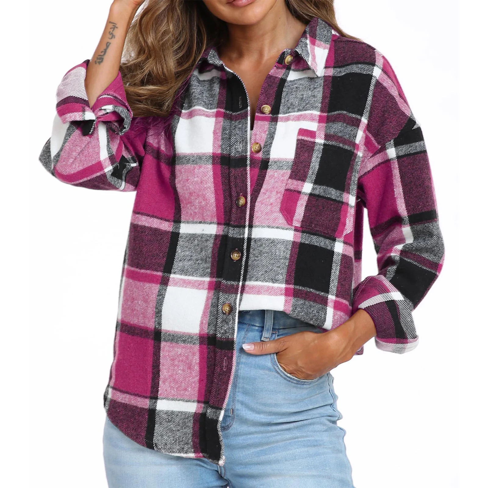 Otntypg Flannel Plaid Button Down Shirts for Women Lightweight Casual Fall Winter Long Sleeve Sha... | Walmart (US)