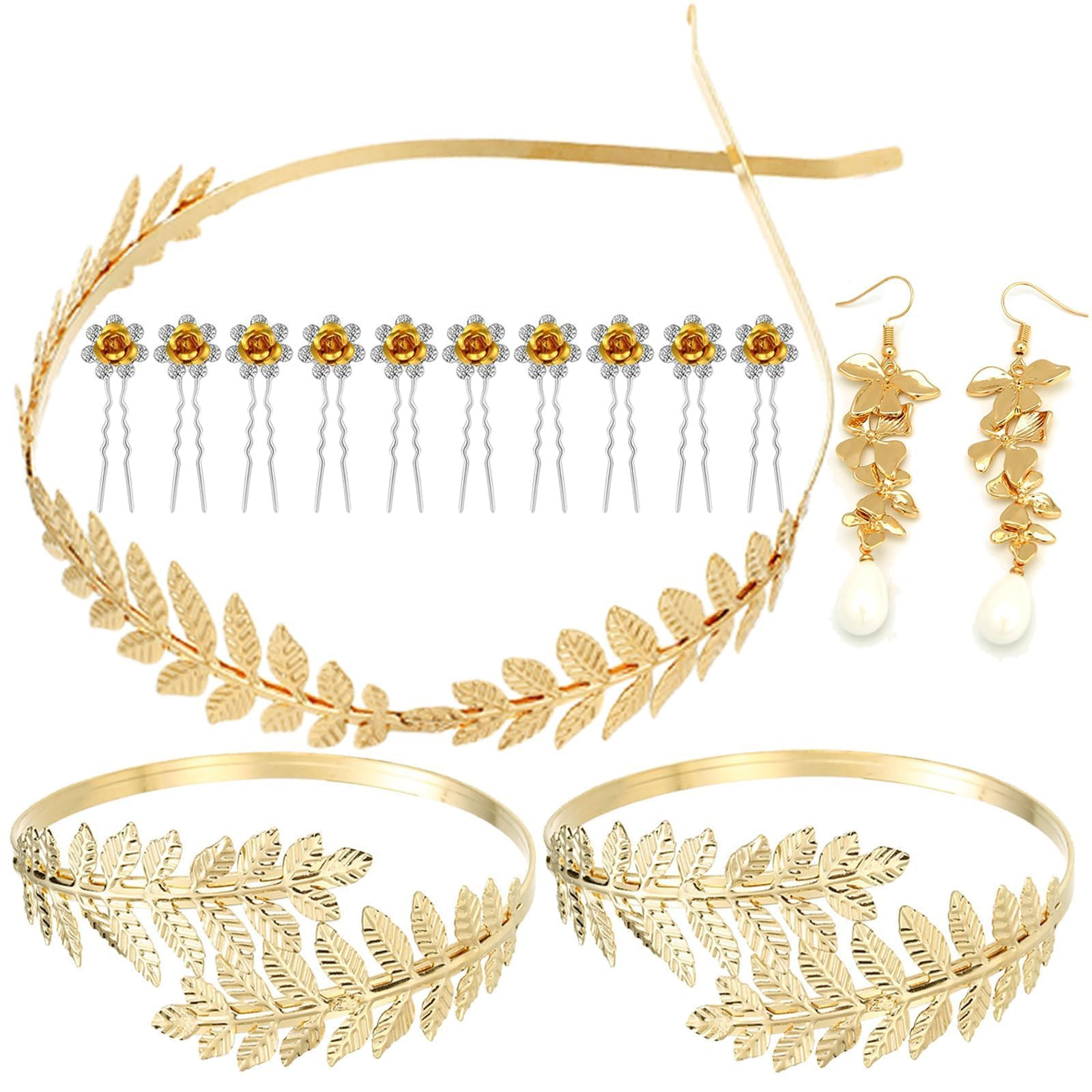 15 Pieces Greek Rome Goddess Costume Accessories Goddess Leaf Headband, Headpiece Gold Leaf Hair ... | Amazon (US)