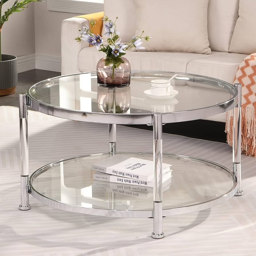 Round Coffee Table with Silver Metal Base, 2-Tier Acrylic Clear Glass Coffee Table with Storage S... | Amazon (US)