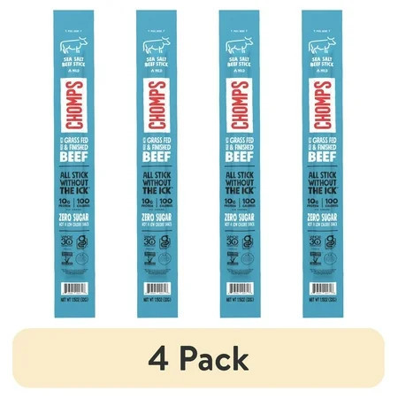 (4 pack) Chomps Grass-Fed and Finished Sea Salt Beef Jerky Meat Snack, 1.15oz Stick | Walmart (US)