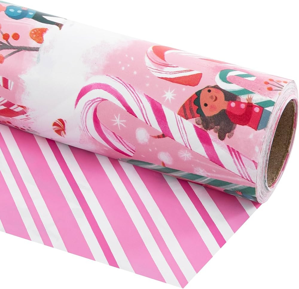 LeZakaa Reversible Christmas Wrapping Paper - Pink Elf Cane Candy and Pink White Stripes for Chri... | Amazon (US)
