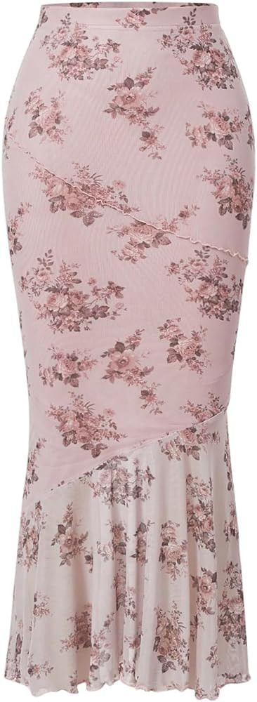 Milumia Women's Floral Mesh Ruffle Hem Maxi Skirt High Waisted Fishtail Long Skirts | Amazon (US)