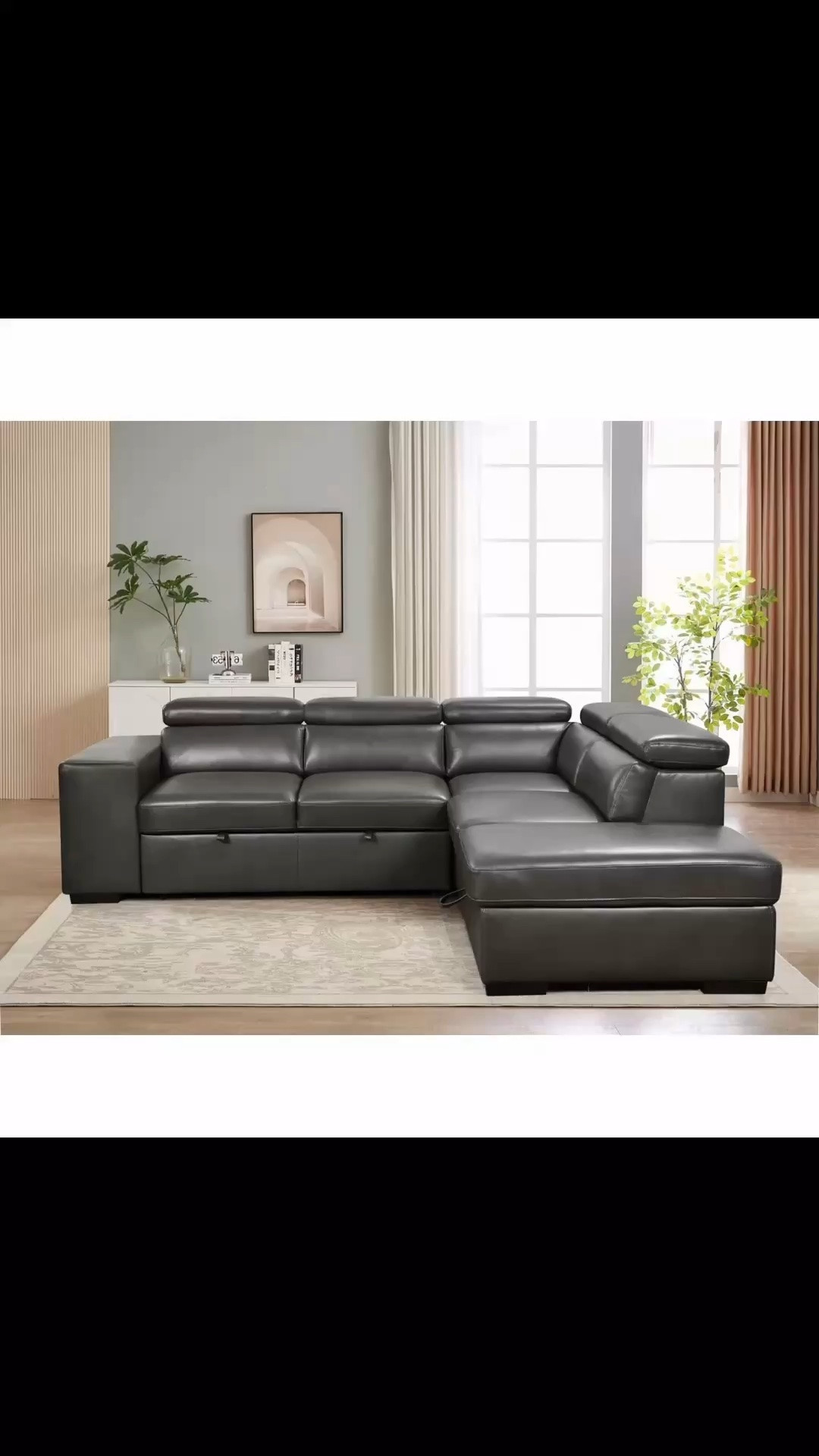 103" Wide Faux Leather Sectional Sleeper Sofa With Adjustable Headrest ,Sleeper Sectional Pull Out Couch Bed With Storage Ottoman And 2 Stools