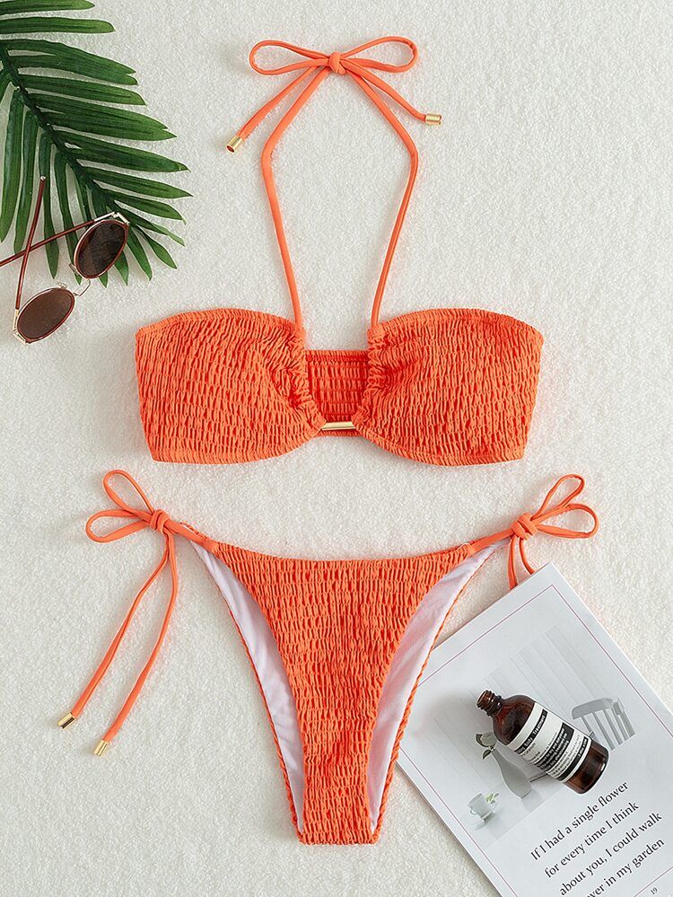 Plain Smocked Tie Side Bikini Swimsuit | SHEIN