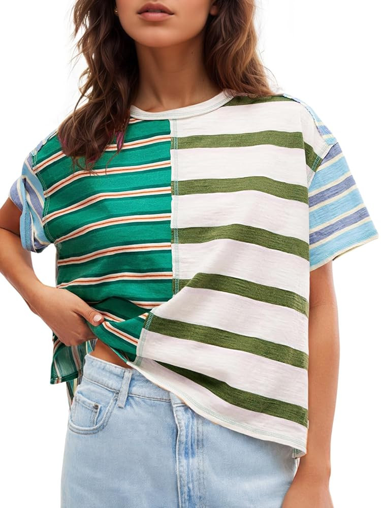 Tankaneo Womens Summer Striped Shirts Casual Color Block Short Sleeve Tops Loose Fit Crew Neck Te... | Amazon (US)
