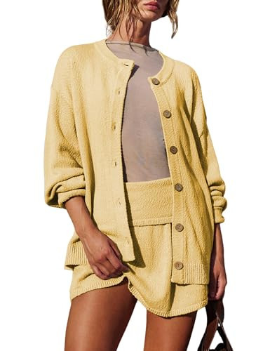 ZIZERY Womens Sweater Set 2 Piece Long Sleeve Mini Skirt Set Button Down Cardigan and Skort Sets Matching Sets(Yellow,S) | Amazon (US)