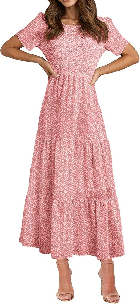 BTFBM Women Casual Short Sleeve Crew Neck Summer Dress Bohemian Floral Printed Flowy Maxi Dresses... | Amazon (US)