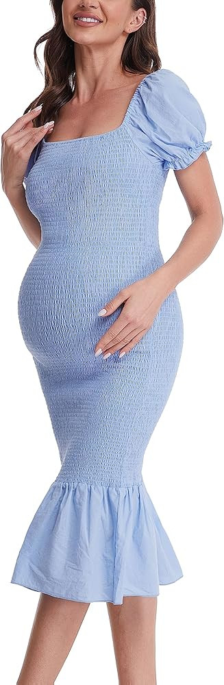 Maternity Summer Midi Bodycon Dresses, Short Puff Sleeve Square Neck Ruffle Hem Mermaid Baby Show... | Amazon (US)