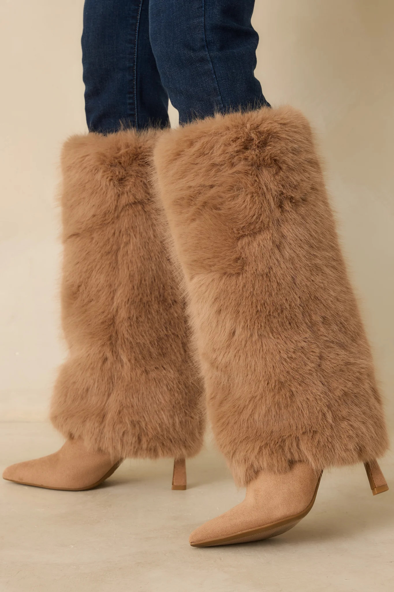 Fine Point Tan Faux Fur and Suede Pointed Toe Stiletto Boots | Red Dress