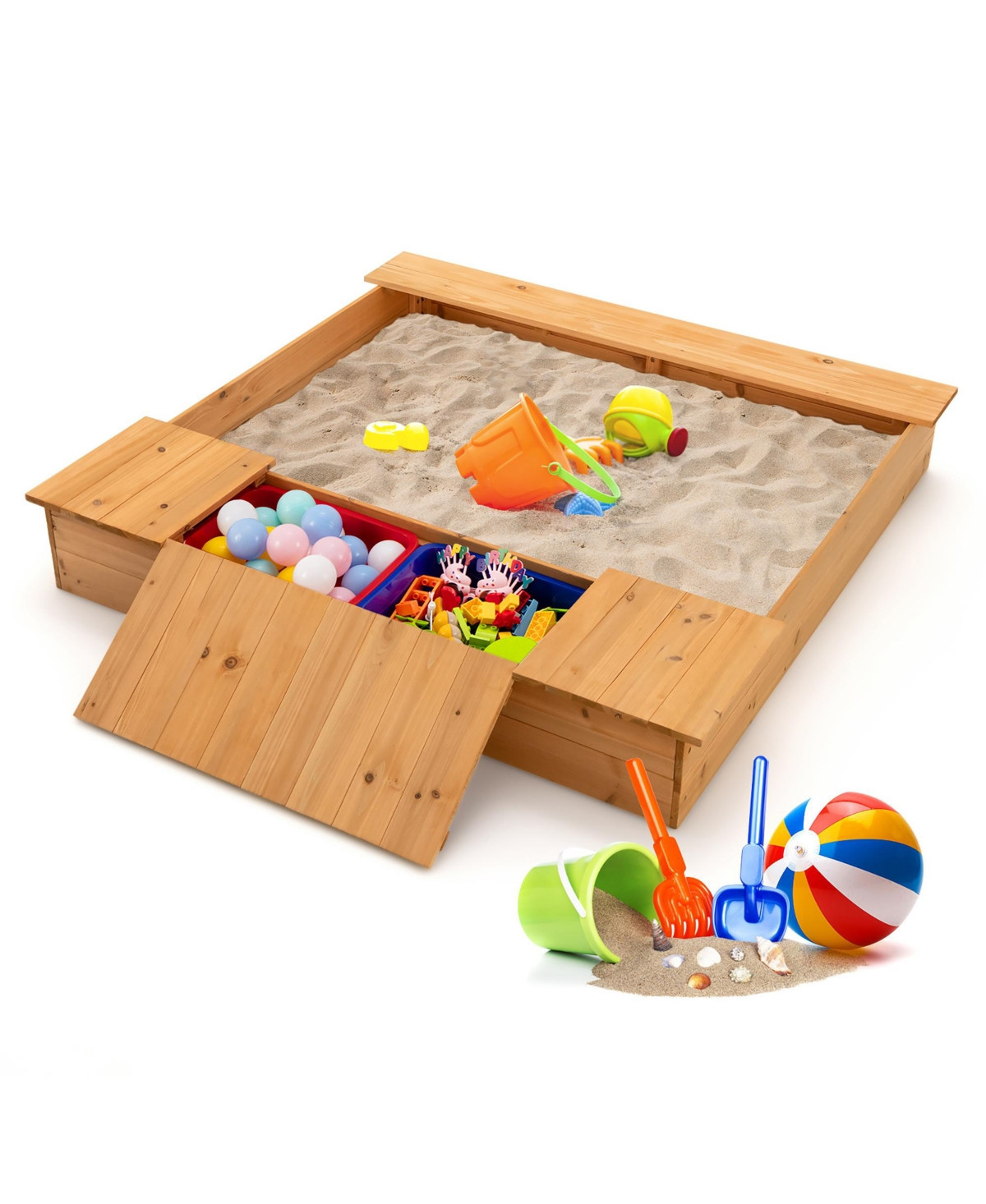 Costway Kids Wooden Sandbox w/ Bench Seats & Storage Boxes Children Outdoor Playset - Natural | Macy's