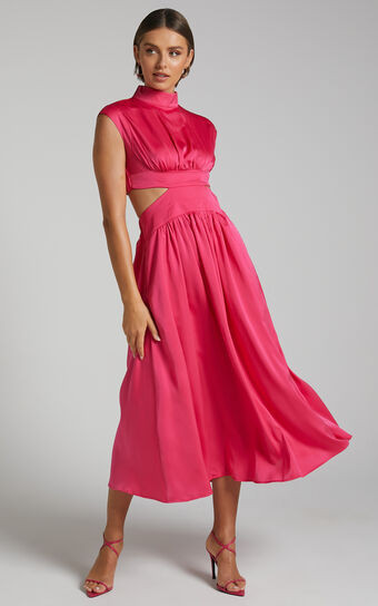 Natalyah Midi Dress - Mock Neck Cut Out Gathered Dress in Pink | Showpo (US, UK & Europe)