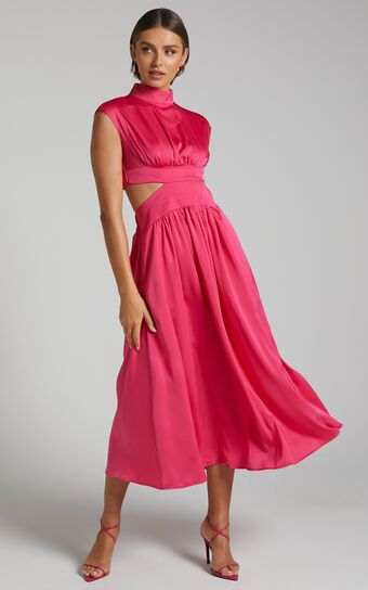 Natalyah Midi Dress - Mock Neck Cut Out Gathered Dress in Pink | Showpo (US, UK & Europe)
