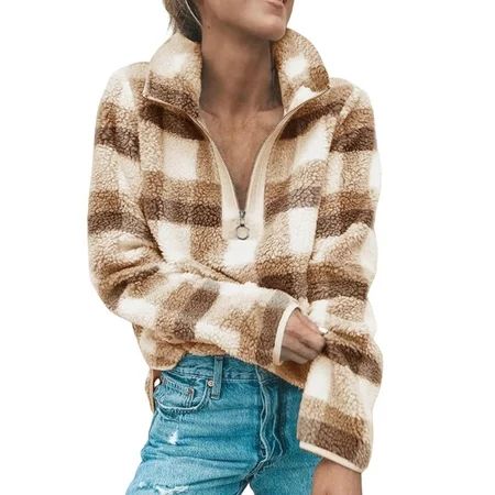 Fleece Pullover Sweatshirts Women Plaid Print Sweatshirt Zip Up Stand Collar Sweatshirt Pocket Long  | Walmart (US)