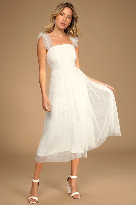 Divine Invitation White Swiss Dot Ruffled Midi Dress | Lulus (US)