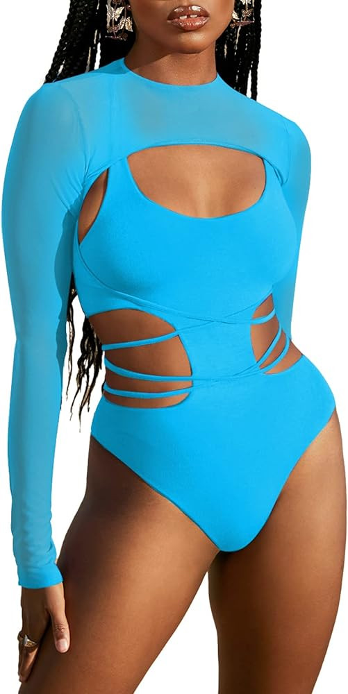 Kisscynest Women's Sexy Cutout One Piece Swimsuit Monokini with Long Sleeve Coverup Shirt | Amazon (US)