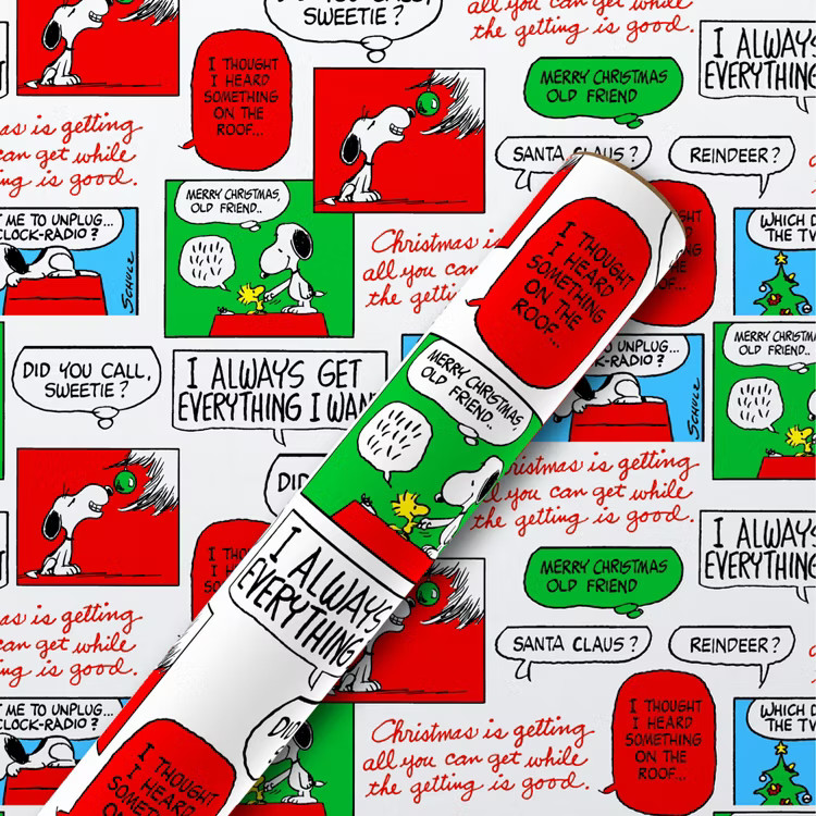 30" 25sq ft Christmas Roll Wrap Peanuts Comic Strip & Handwritten Note | Target