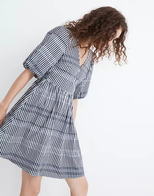 Poplin V-Neck Bubble-Sleeve Mini Dress in Plaid | Madewell
