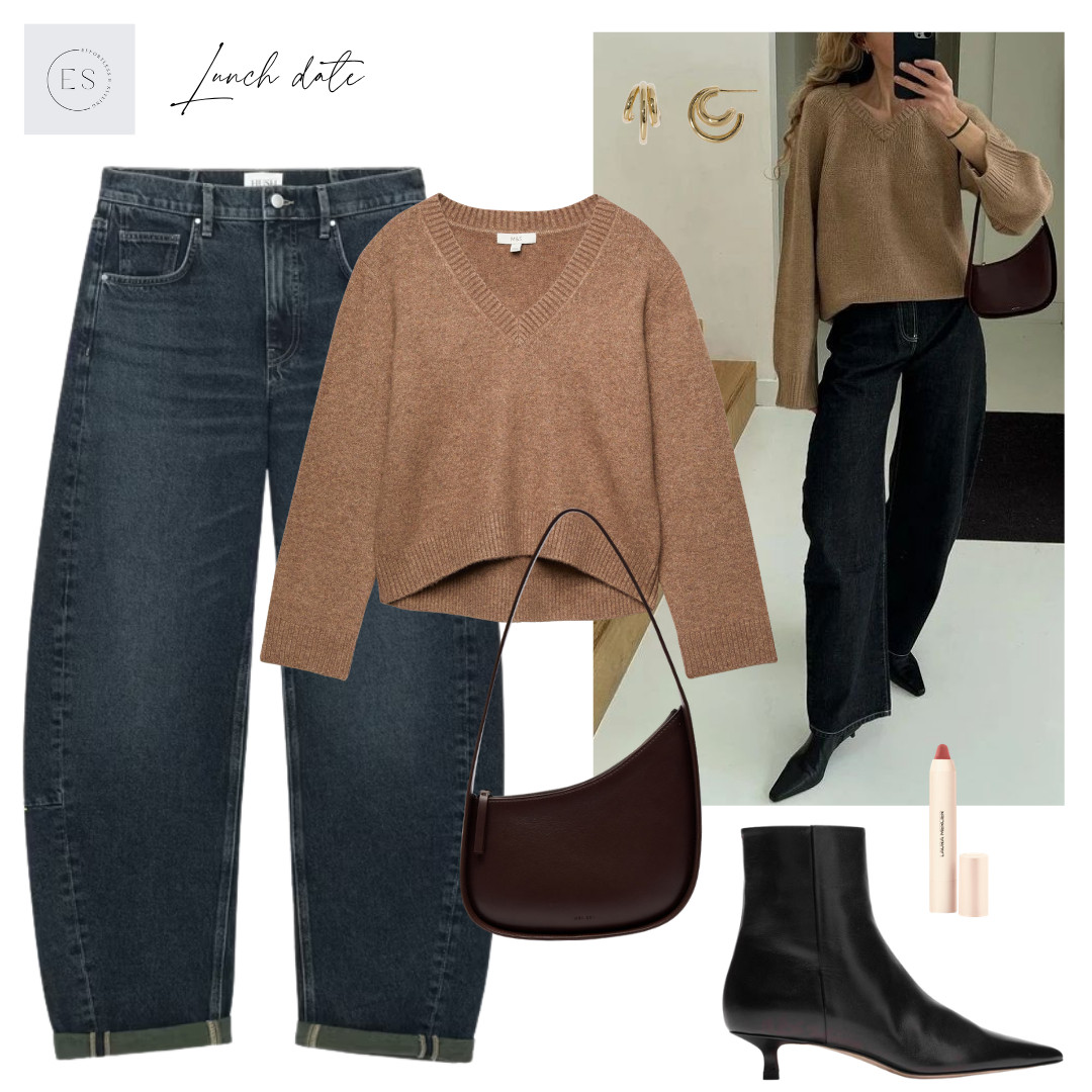 Smart casual Autumn outfit. 

Beige v neck wool blend jumper, dark washed blue barrel leg jeans, dark brown / burgundy half moon bag, rose nude lip crayon, black leather kitten heel boots, gold trio hoop earrings. 

 #LTKuk #LTKautumn #LTKjeans